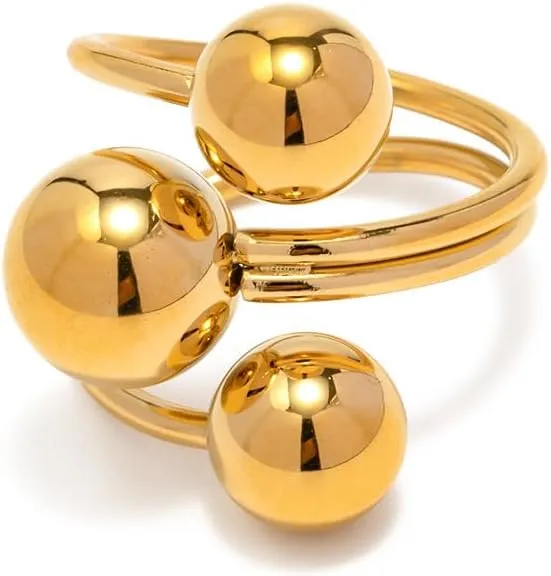 OIDIMS Minimalist Ball Statement Ring for Women Men Gold Plated Stainless Steel Layered 3 Round Balls Open Wrap Finger Rings Comfort Fit Geometric Unique Christmas Birthday Party Jewelry Gift Size 8