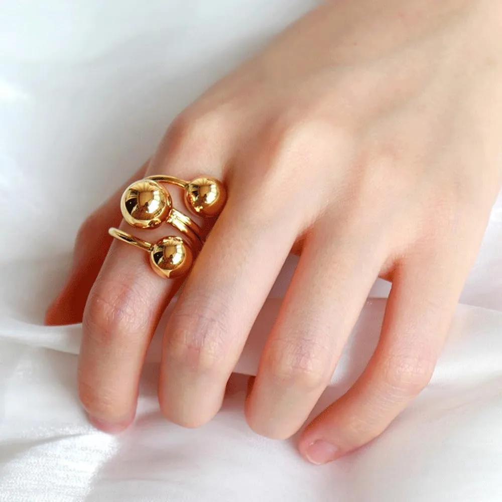OIDIMS Minimalist Ball Statement Ring for Women Men Gold Plated Stainless Steel Layered 3 Round Balls Open Wrap Finger Rings Comfort Fit Geometric Unique Christmas Birthday Party Jewelry Gift Size 8