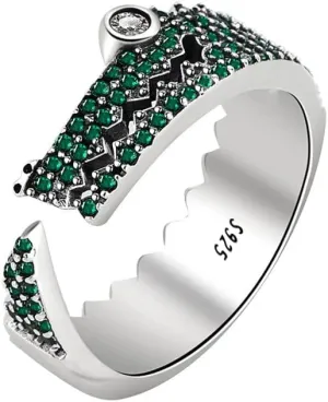 OIDIMS Vintage Crocodile Cubic Zirconia Open Ring Silver Plated Green Crystal Personalized Statement Adjustable Rings for Women Men Punk Animal Comfort Fit Finger Toe Ring Unique Gifts Birthday Bff