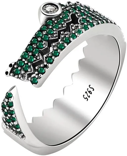 OIDIMS Vintage Crocodile Cubic Zirconia Open Ring Silver Plated Green Crystal Personalized Statement Adjustable Rings for Women Men Punk Animal Comfort Fit Finger Toe Ring Unique Gifts Birthday Bff