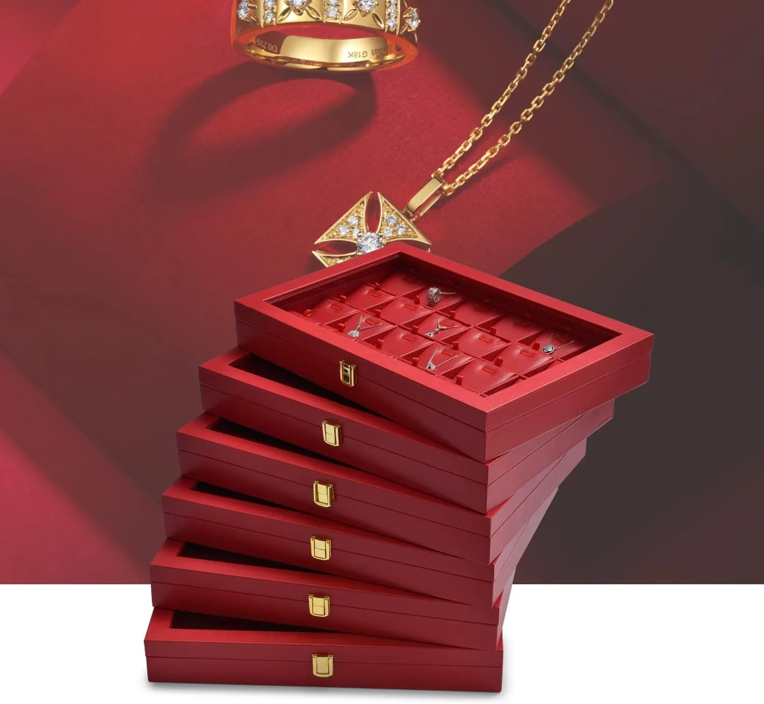 Oirlv Luxury Leather Necklace Tray with 24 Grid Removable Jewelry Cards Jewelry Organizer Box with Transparent Acrylic Lid Necklace Pendant Display Case