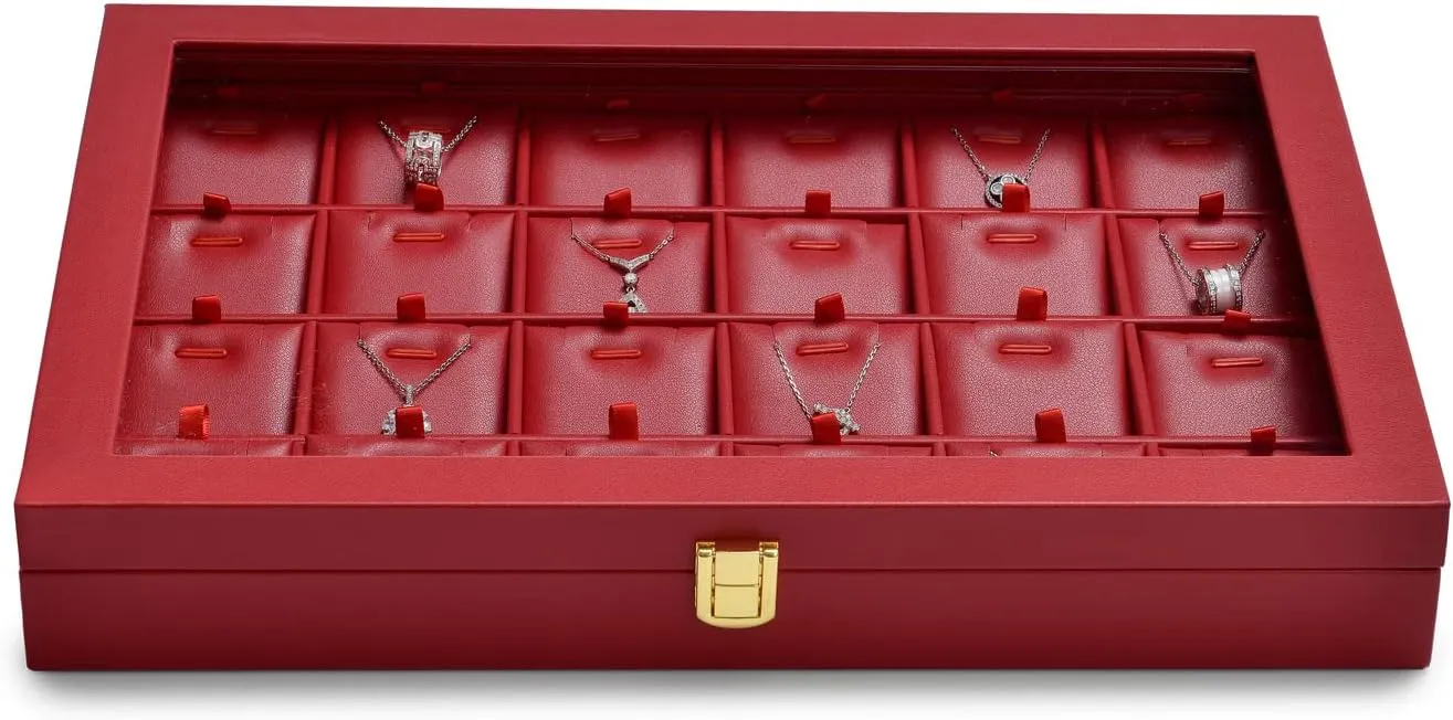 Oirlv Luxury Leather Necklace Tray with 24 Grid Removable Jewelry Cards Jewelry Organizer Box with Transparent Acrylic Lid Necklace Pendant Display Case