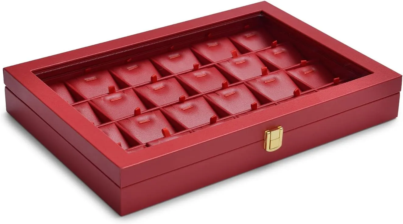 Oirlv Luxury Leather Necklace Tray with 24 Grid Removable Jewelry Cards Jewelry Organizer Box with Transparent Acrylic Lid Necklace Pendant Display Case