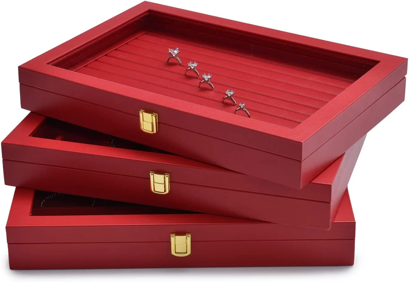 Oirlv Luxury Leather Necklace Tray with 24 Grid Removable Jewelry Cards Jewelry Organizer Box with Transparent Acrylic Lid Necklace Pendant Display Case