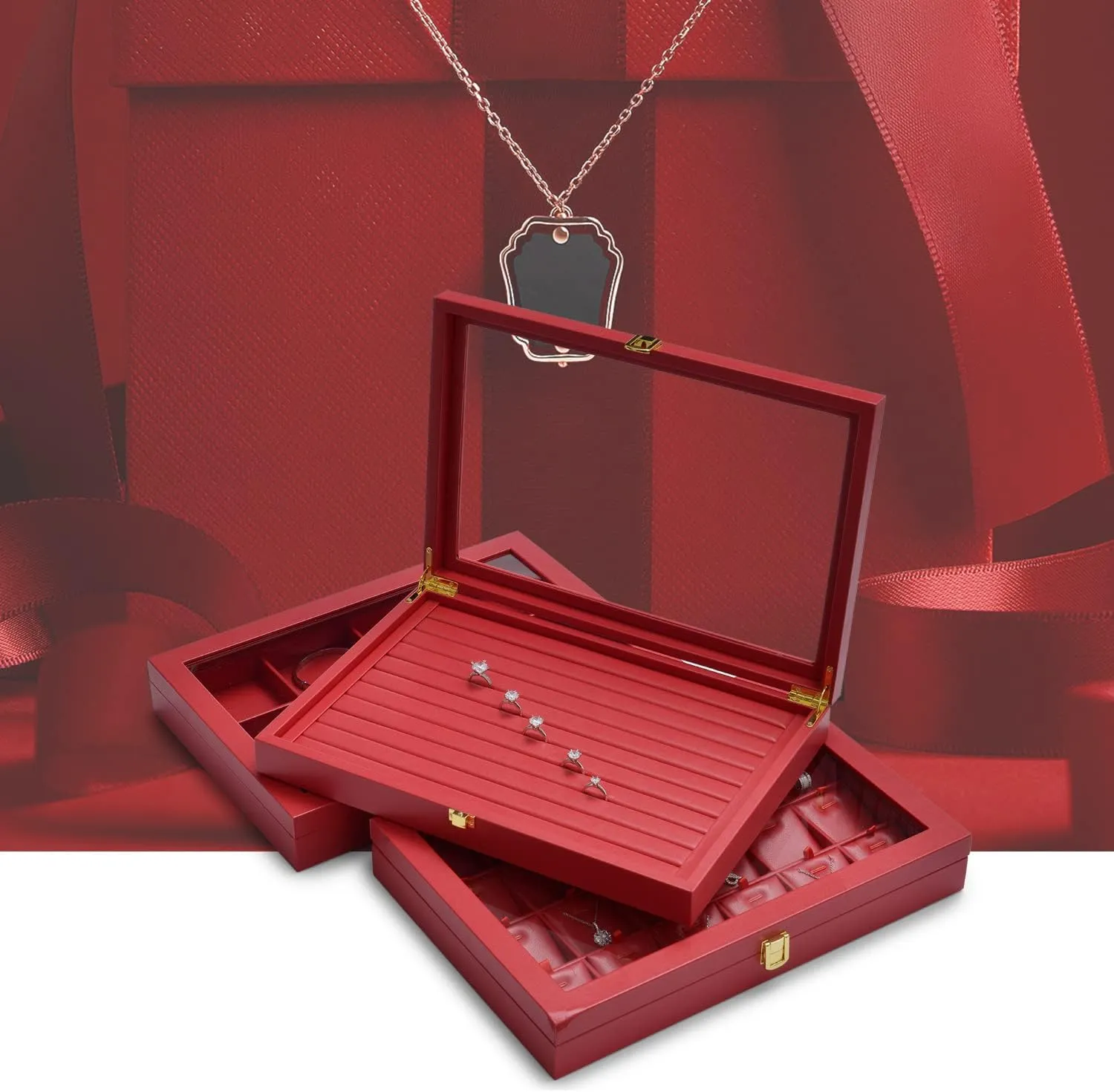 Oirlv Luxury Leather Necklace Tray with 24 Grid Removable Jewelry Cards Jewelry Organizer Box with Transparent Acrylic Lid Necklace Pendant Display Case