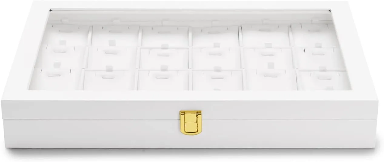 Oirlv White Leather Jewelry Organizer Tray with Acrylic Lid Drawer Insert Jewelry Storage Box with 24 Removable Jewelry Cards Pendant Necklace Display Case Women Gift