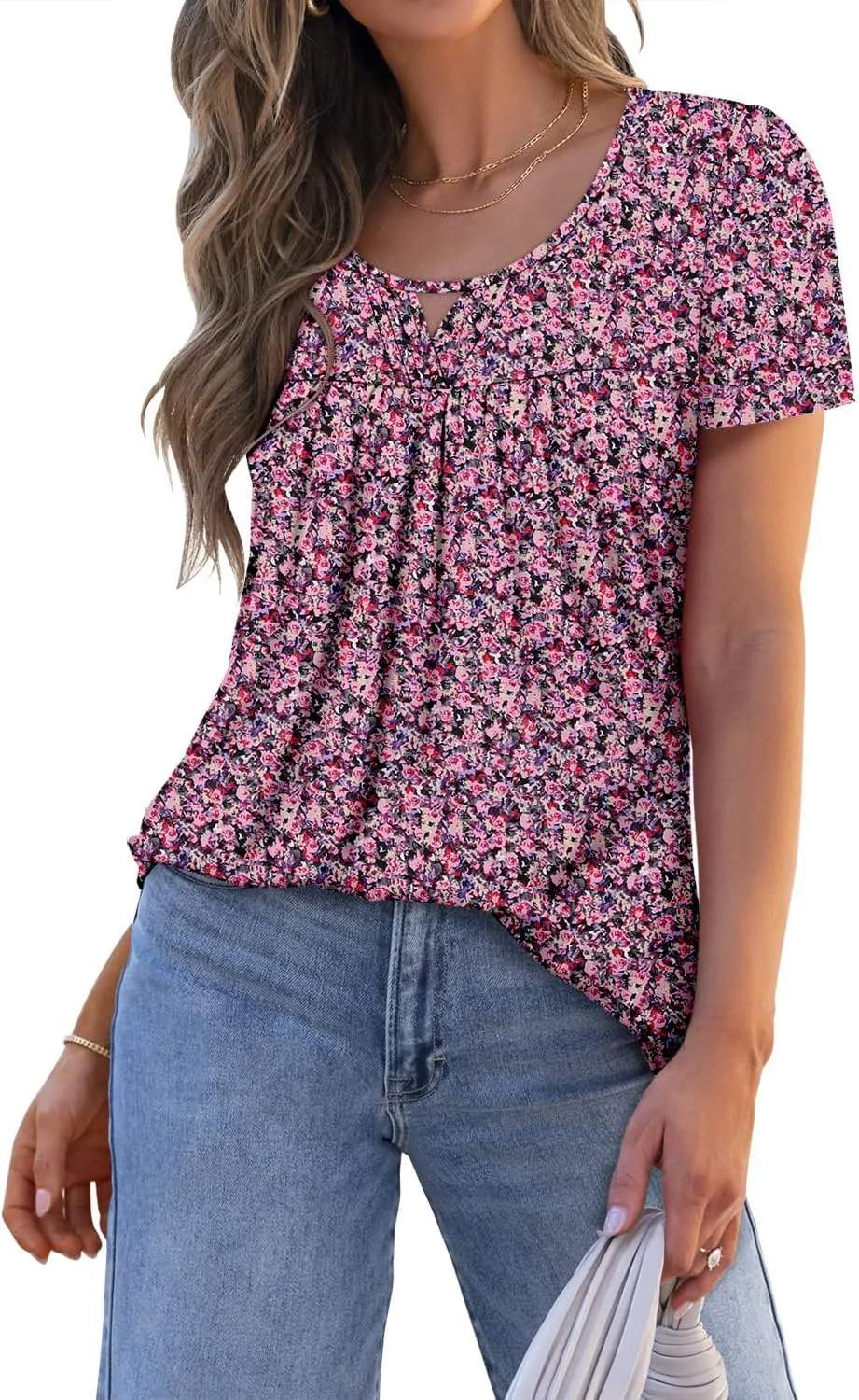 onlypuff Womens T Shirts Short Sleeve Pleated Floral Tunic Tops Dressy Casual Crew Neck Summer Boho Tops Blouses