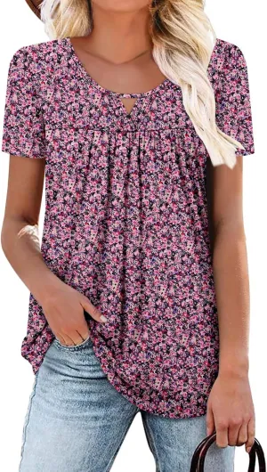 onlypuff Womens T Shirts Short Sleeve Pleated Floral Tunic Tops Dressy Casual Crew Neck Summer Boho Tops Blouses