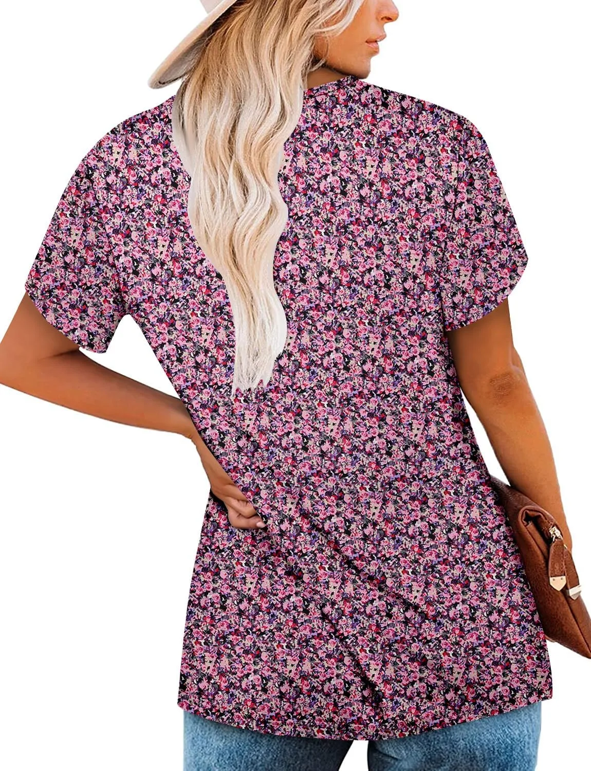 onlypuff Womens T Shirts Short Sleeve Pleated Floral Tunic Tops Dressy Casual Crew Neck Summer Boho Tops Blouses