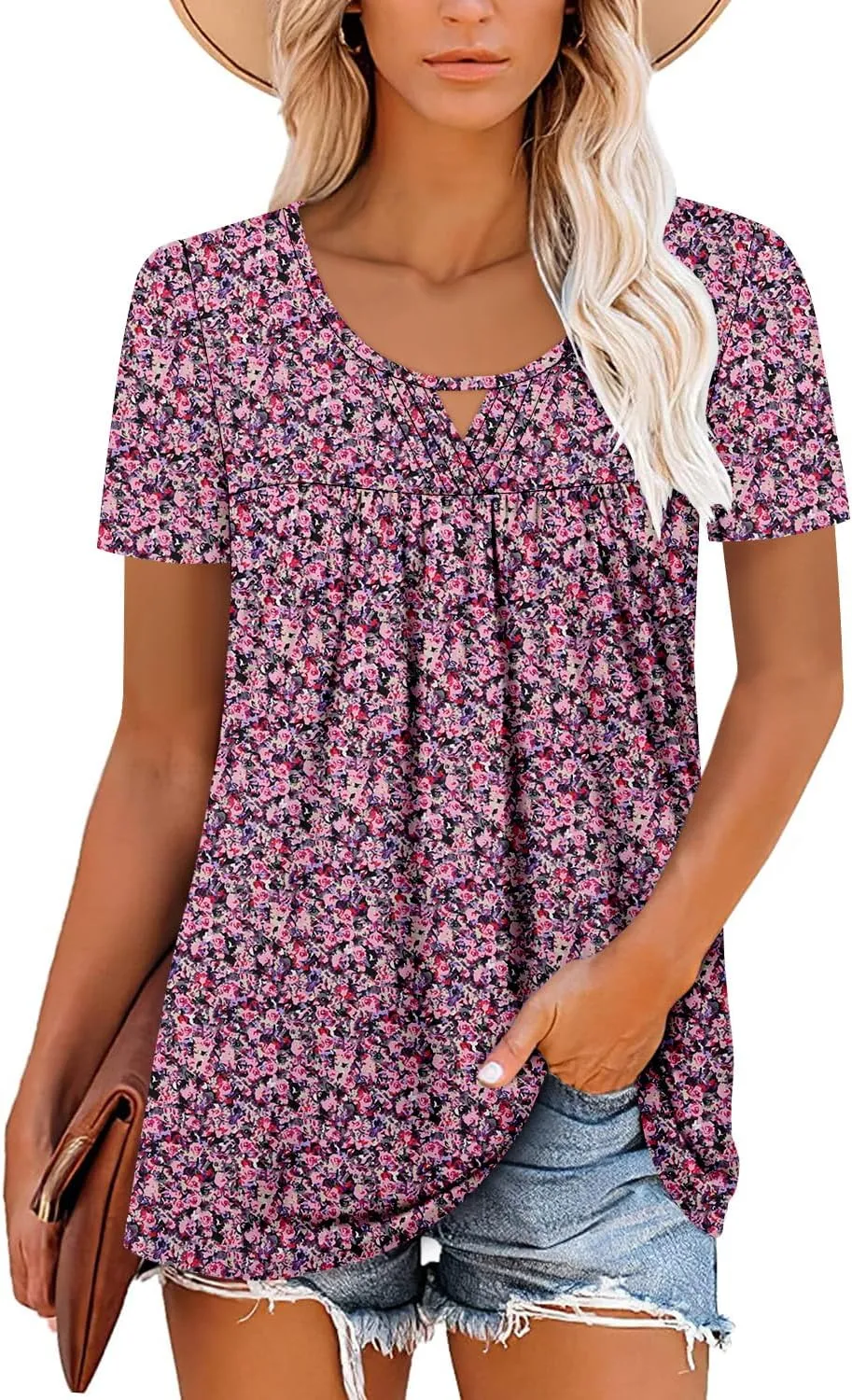 onlypuff Womens T Shirts Short Sleeve Pleated Floral Tunic Tops Dressy Casual Crew Neck Summer Boho Tops Blouses