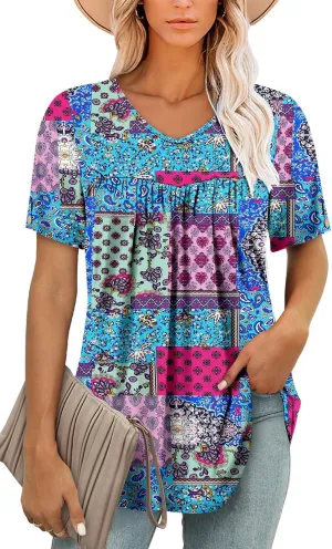 ONLYSHE Women Trendy Summer Shirts and Blouses Short Sleeve Tunic Tops V Neck Loose Fit Casual Tees