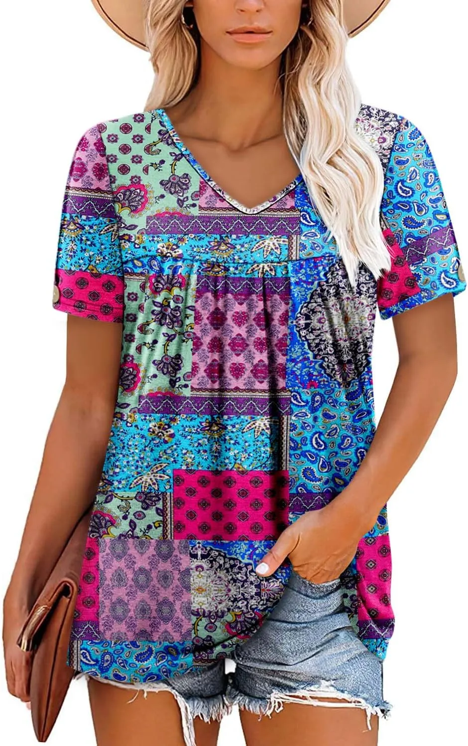 ONLYSHE Women Trendy Summer Shirts and Blouses Short Sleeve Tunic Tops V Neck Loose Fit Casual Tees