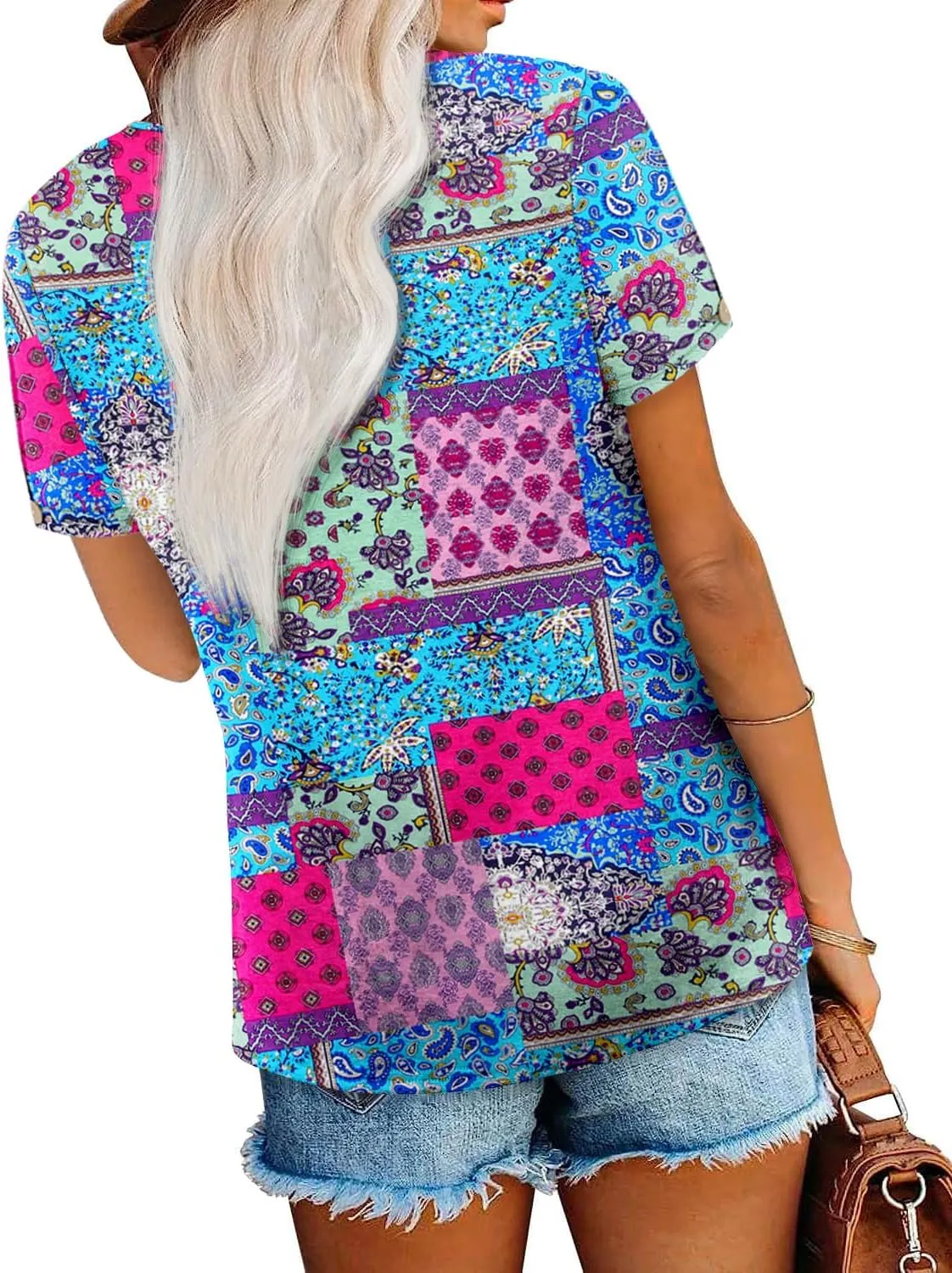 ONLYSHE Women Trendy Summer Shirts and Blouses Short Sleeve Tunic Tops V Neck Loose Fit Casual Tees