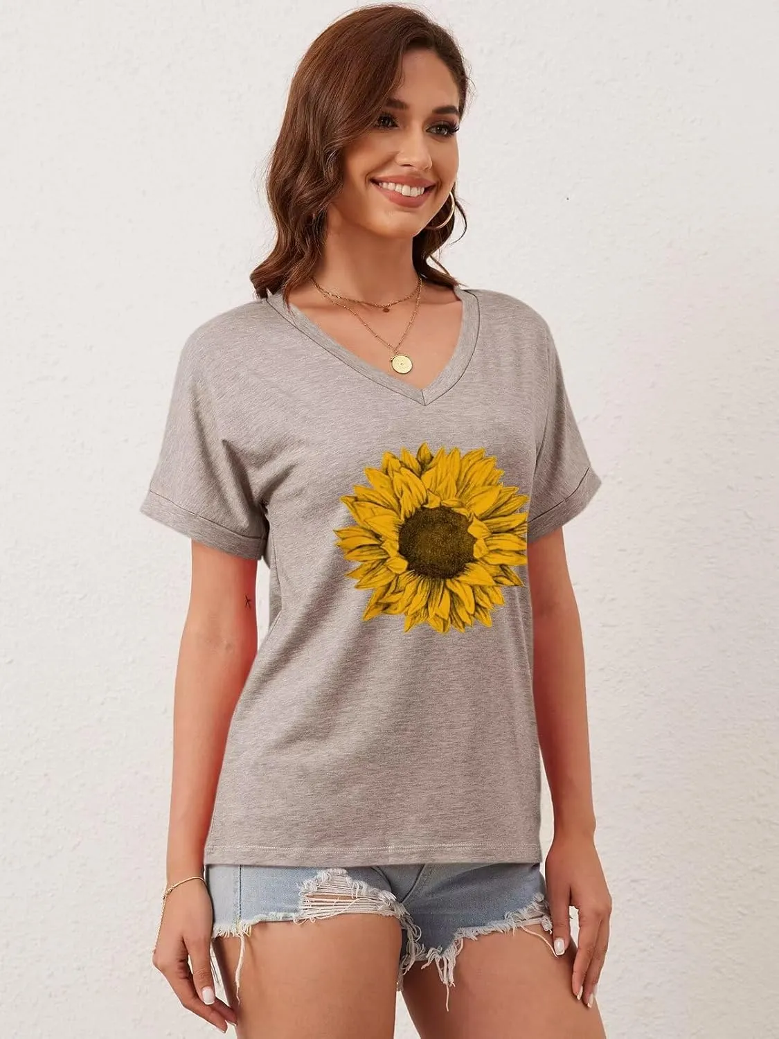 ORANDESIGNE Womens Sunflower Print T Shirts V Neck Graphic Short Sleeve Vintage Tees Summer Casaul Loose Fit Tops