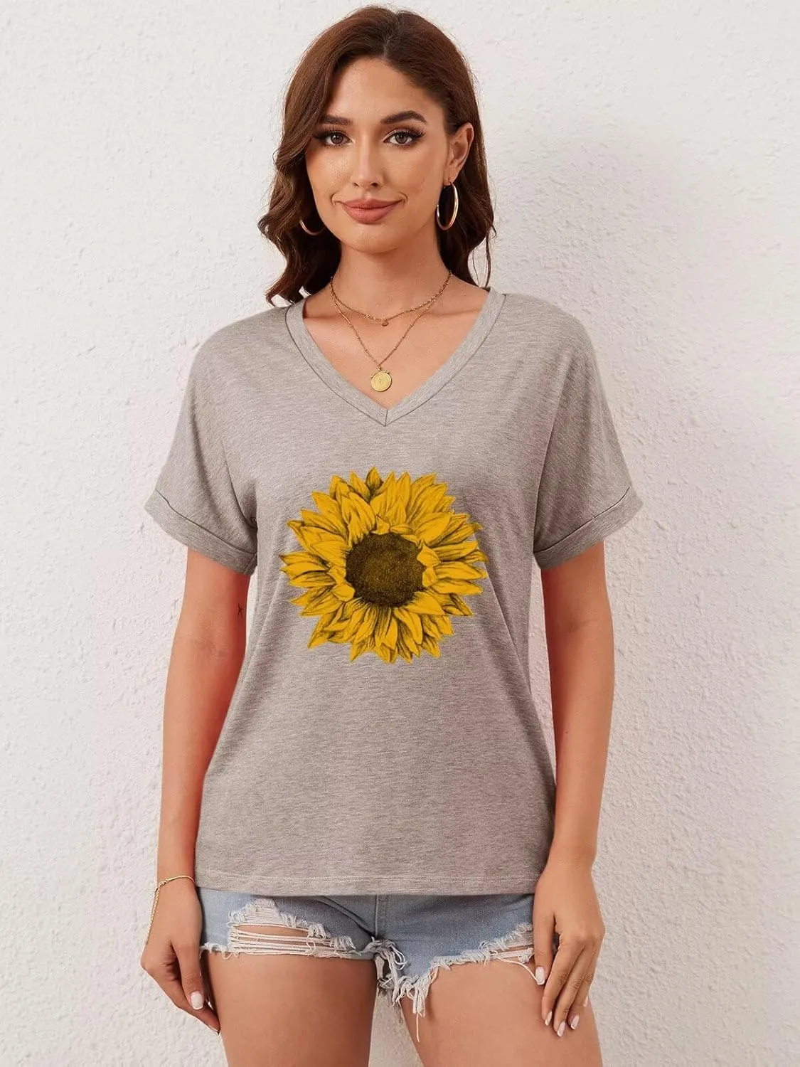 ORANDESIGNE Womens Sunflower Print T Shirts V Neck Graphic Short Sleeve Vintage Tees Summer Casaul Loose Fit Tops