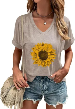 ORANDESIGNE Womens Sunflower Print T Shirts V Neck Graphic Short Sleeve Vintage Tees Summer Casaul Loose Fit Tops