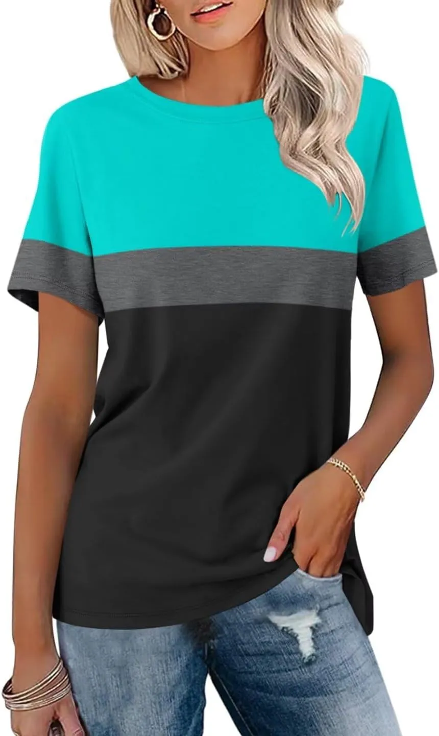ORANDESIGNE Womens T Shirts Short Sleeve Color Block Tops Casual Summer Fashion Tees