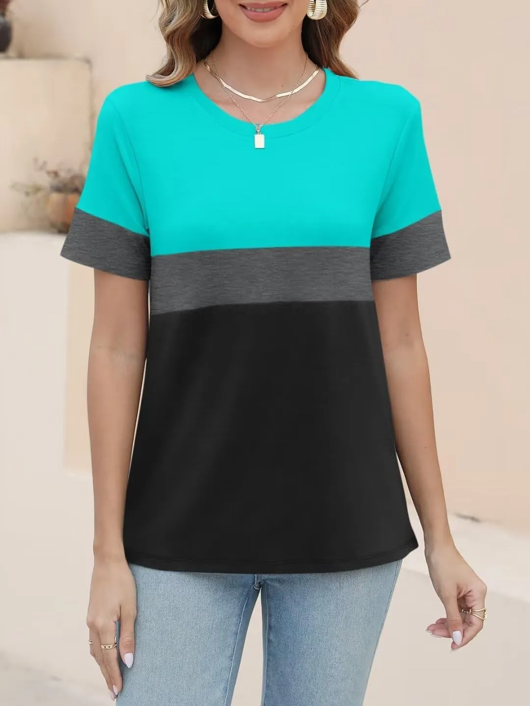 ORANDESIGNE Womens T Shirts Short Sleeve Color Block Tops Casual Summer Fashion Tees