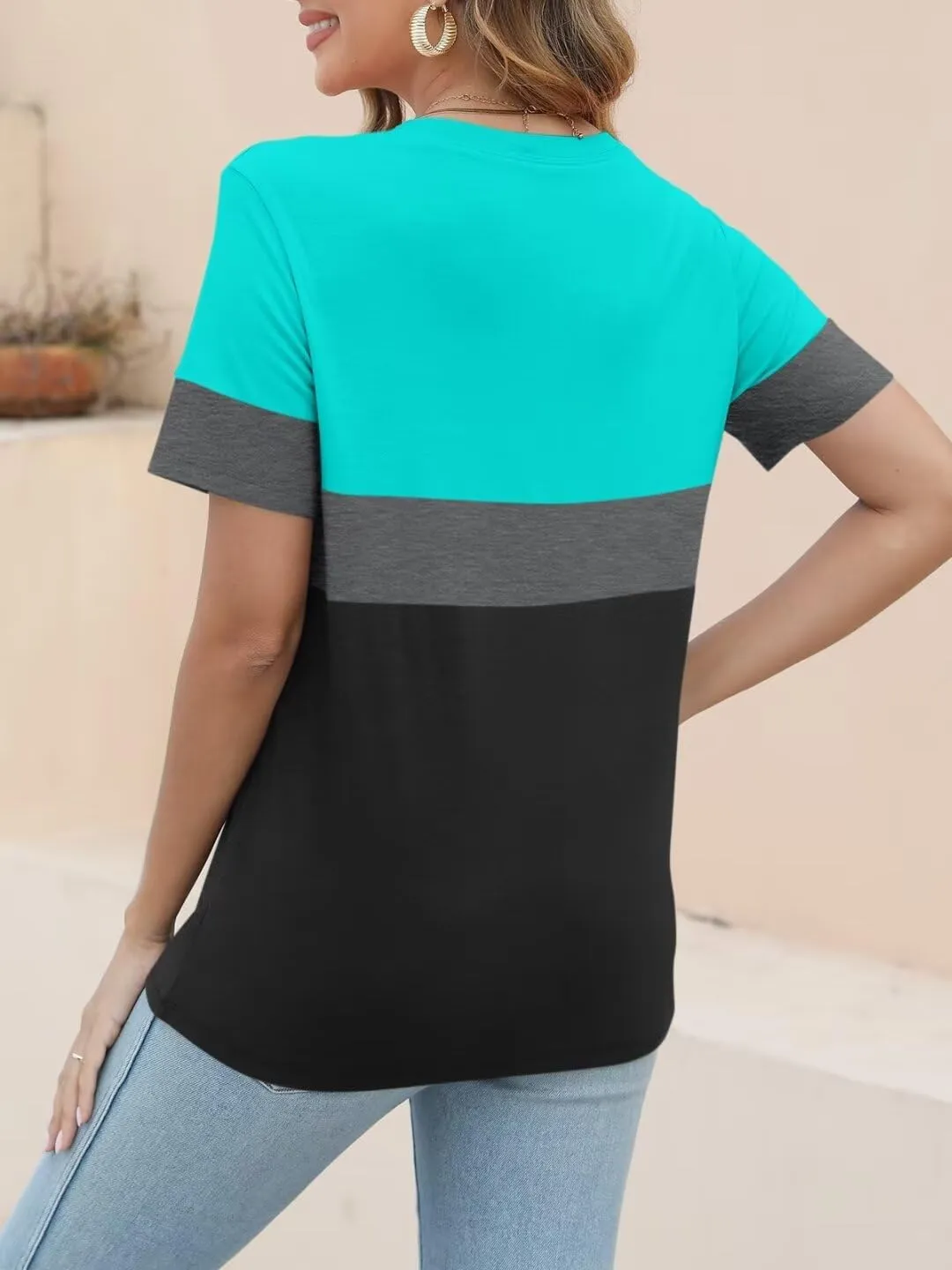 ORANDESIGNE Womens T Shirts Short Sleeve Color Block Tops Casual Summer Fashion Tees