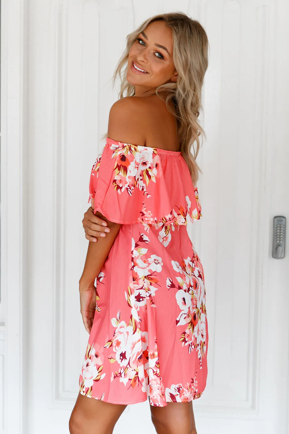 Orange Ruffle Off Shoulder Floral Boho Dress