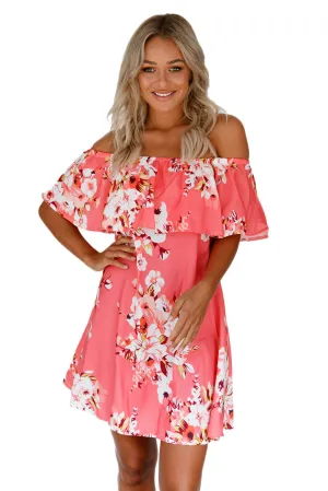 Orange Ruffle Off Shoulder Floral Boho Dress