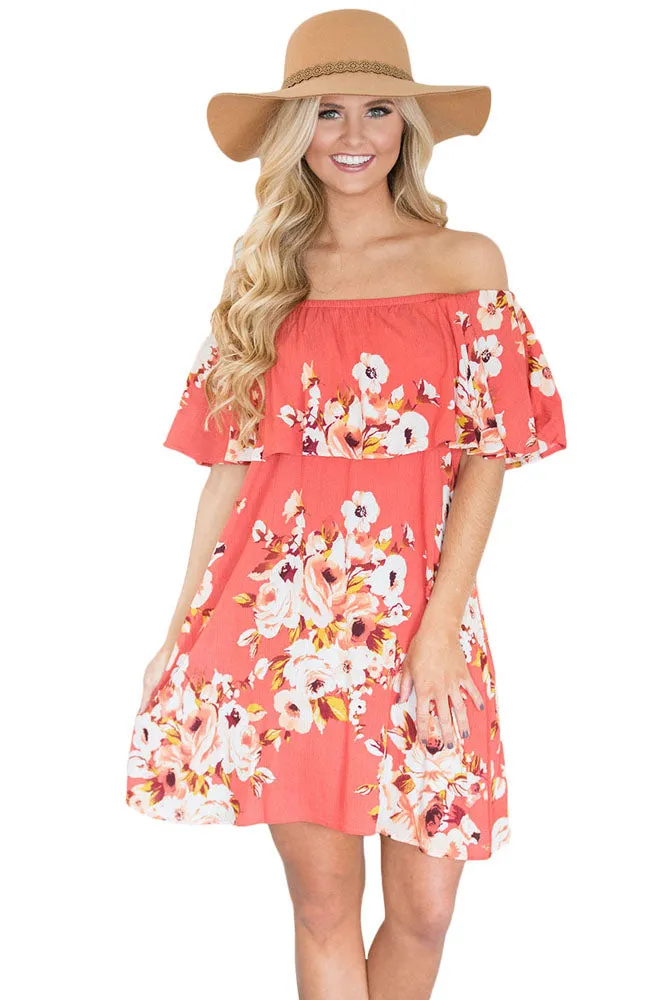 Orange Ruffle Off Shoulder Floral Boho Dress