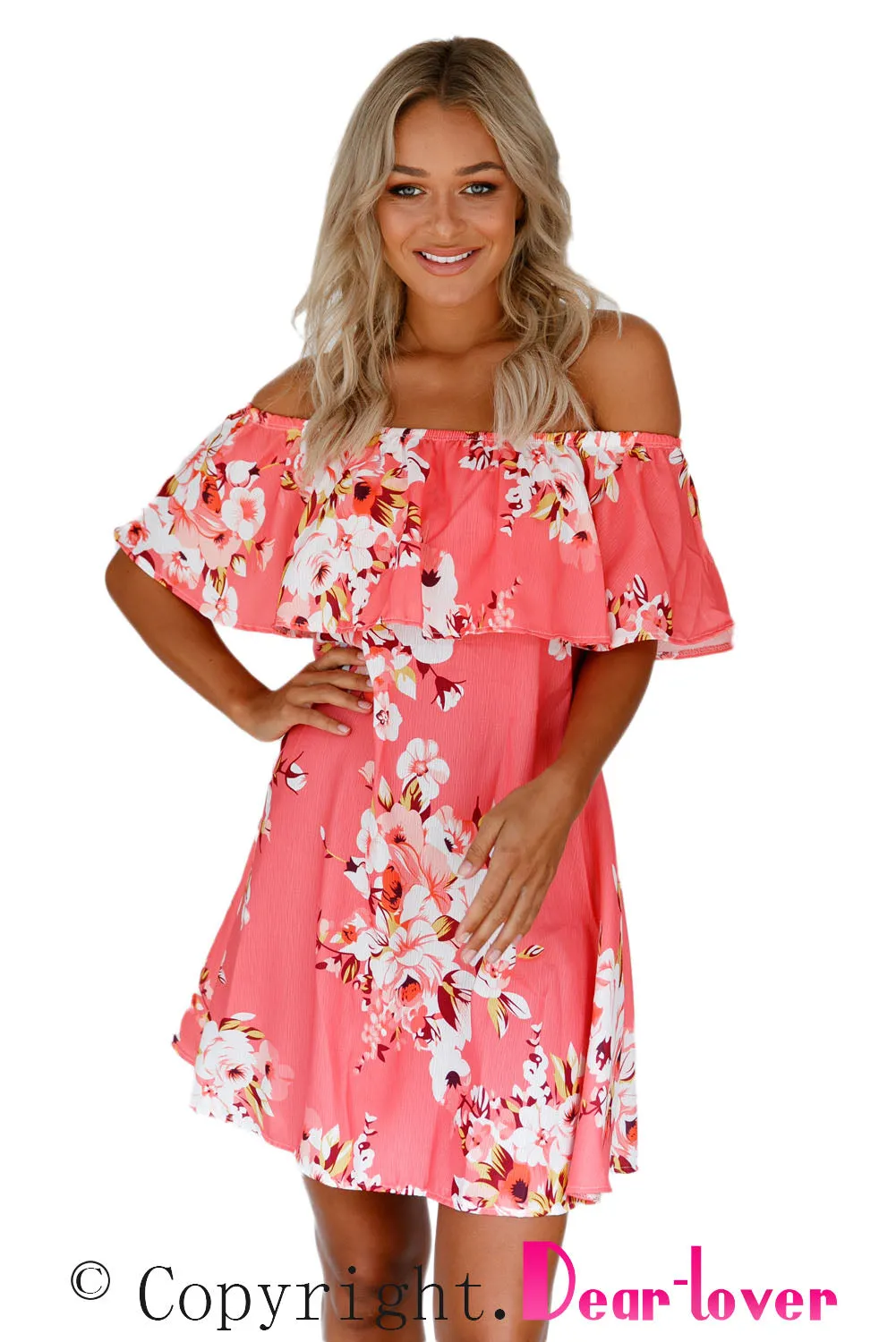 Orange Ruffle Off Shoulder Floral Boho Dress