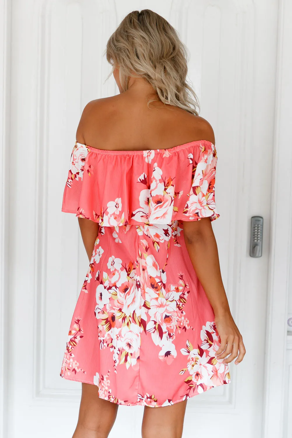 Orange Ruffle Off Shoulder Floral Boho Dress