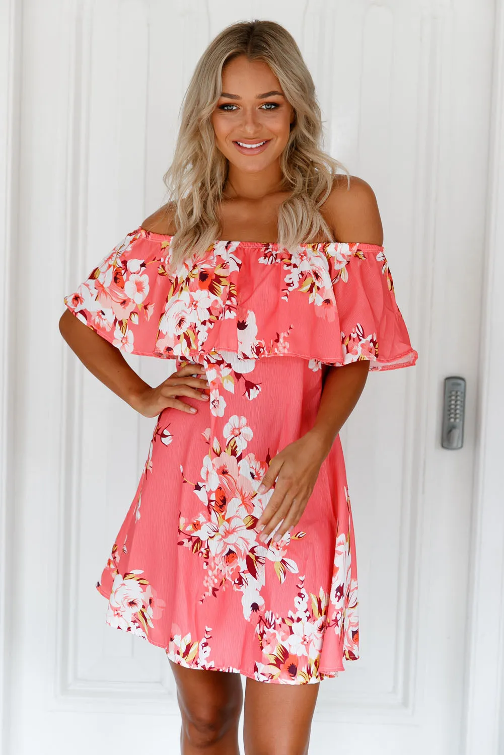 Orange Ruffle Off Shoulder Floral Boho Dress