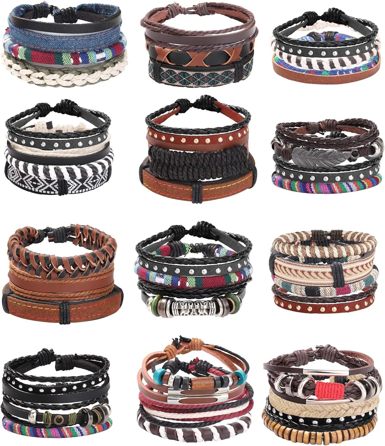 ORAZIO Mens Bracelet,Braided Leather Bracelets for Men Women,Tribal Handmade Wood Wrap Cuff Wristband Bracelets Set Adjustable
