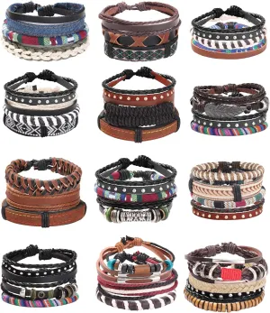 ORAZIO Mens Bracelet,Braided Leather Bracelets for Men Women,Tribal Handmade Wood Wrap Cuff Wristband Bracelets Set Adjustable