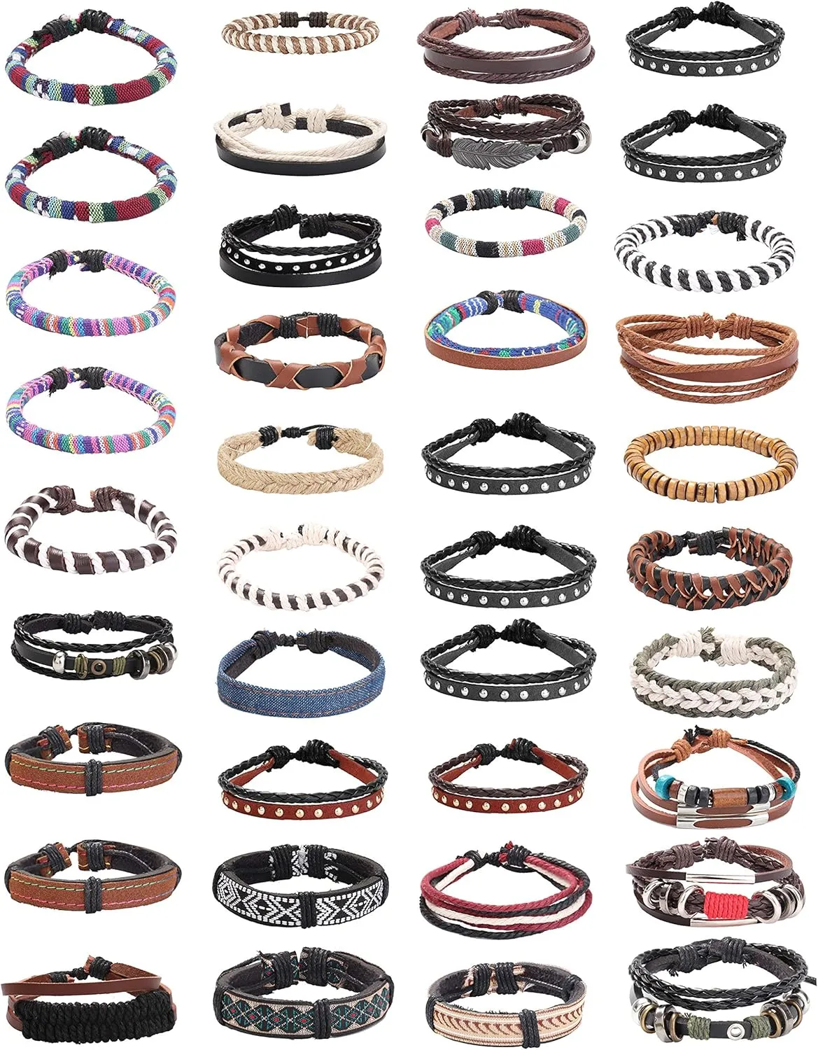 ORAZIO Mens Bracelet,Braided Leather Bracelets for Men Women,Tribal Handmade Wood Wrap Cuff Wristband Bracelets Set Adjustable