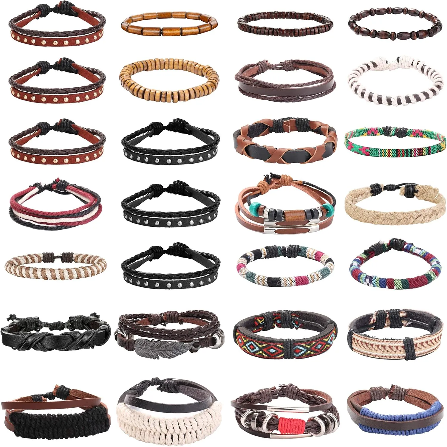ORAZIO Mens Bracelet,Braided Leather Bracelets for Men Women,Tribal Handmade Wood Wrap Cuff Wristband Bracelets Set Adjustable