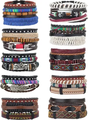 ORAZIO Mens Bracelet,Braided Leather Bracelets for Men Women,Tribal Handmade Wood Wrap Cuff Wristband Bracelets Set Adjustable