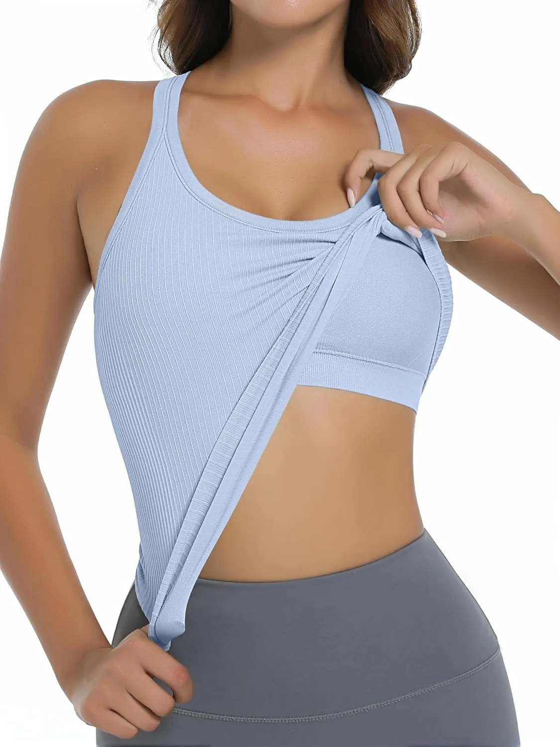 OVESPORT Seamless Worklout Tank Tops for Women with Built in Bras Racerback Yoga Sleeveless Camisole Tops