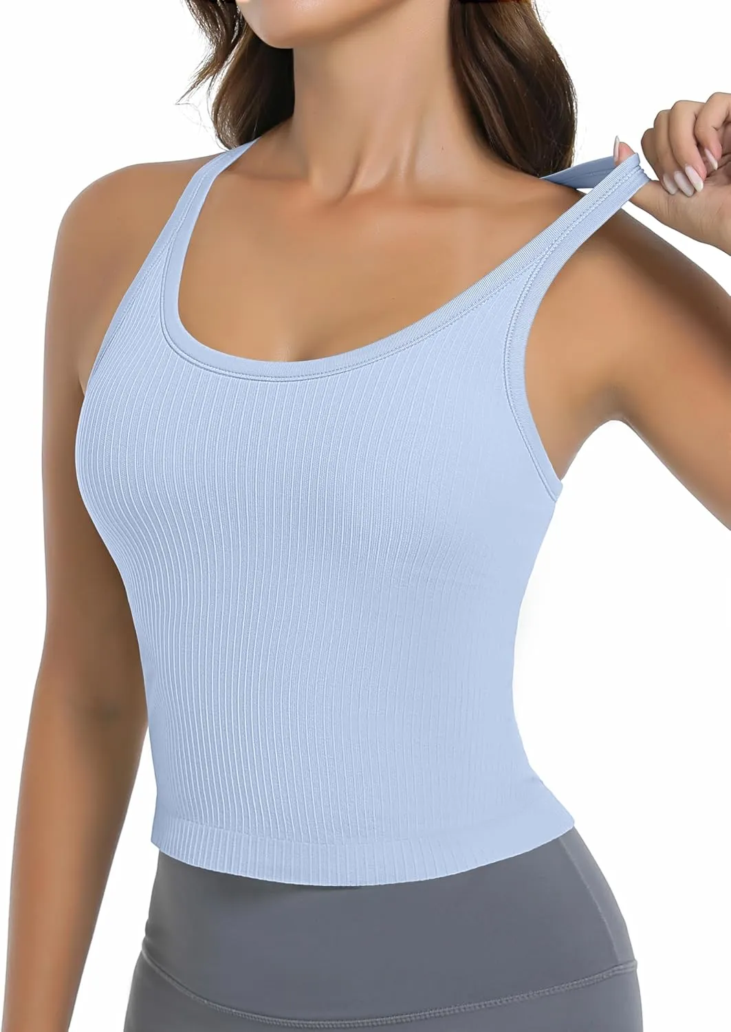 OVESPORT Seamless Worklout Tank Tops for Women with Built in Bras Racerback Yoga Sleeveless Camisole Tops