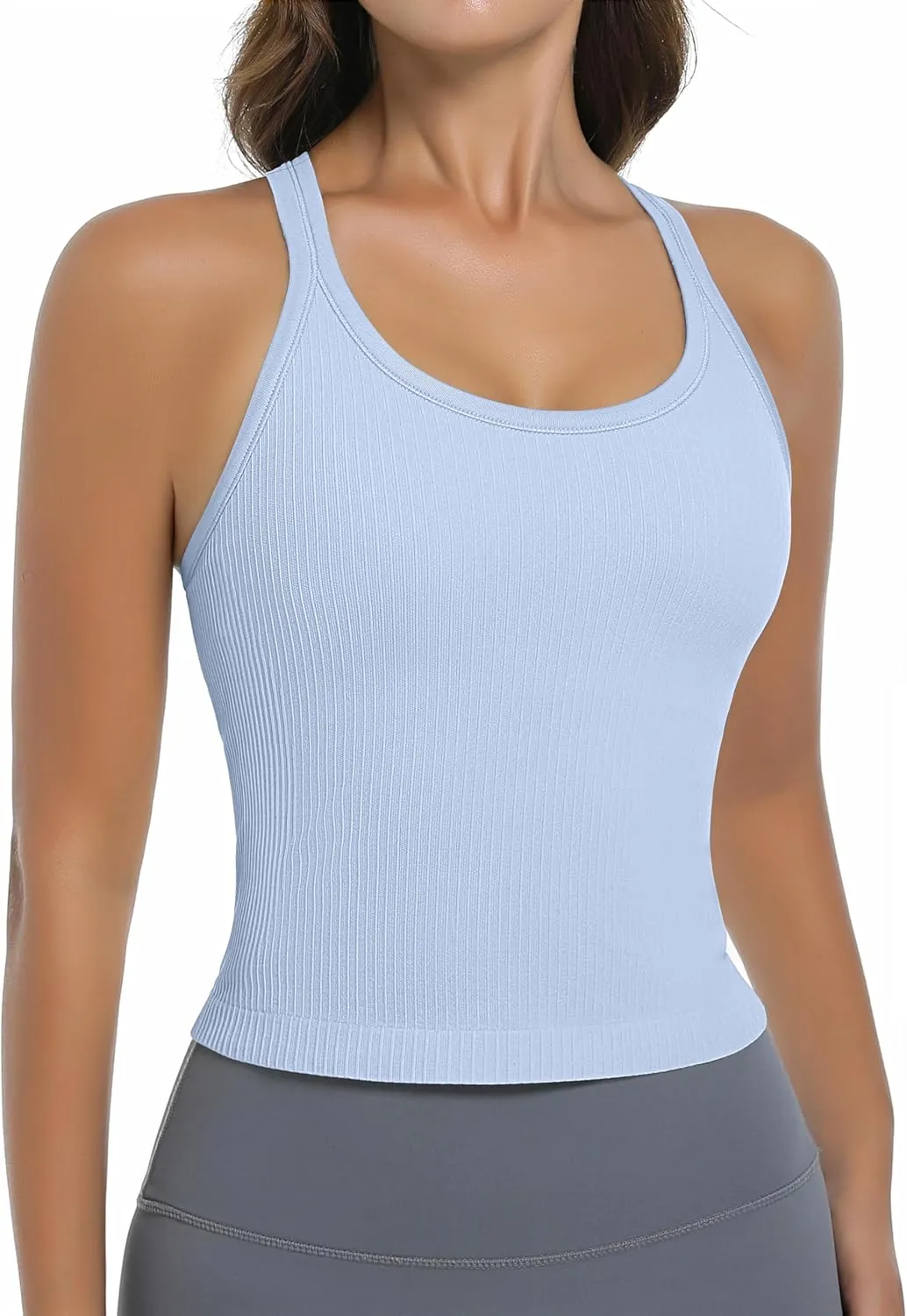 OVESPORT Seamless Worklout Tank Tops for Women with Built in Bras Racerback Yoga Sleeveless Camisole Tops