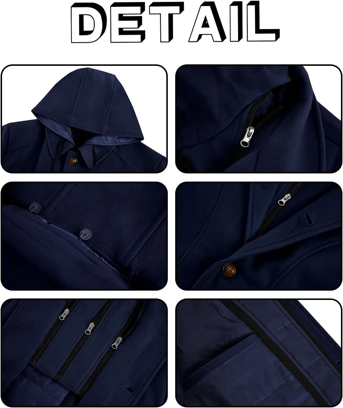 PASLTER Mens Trench Coat Wool Blend Single Breasted Pea Coat Casual Slim Fit Jacket Warm Overcoat with Detachable Hooded
