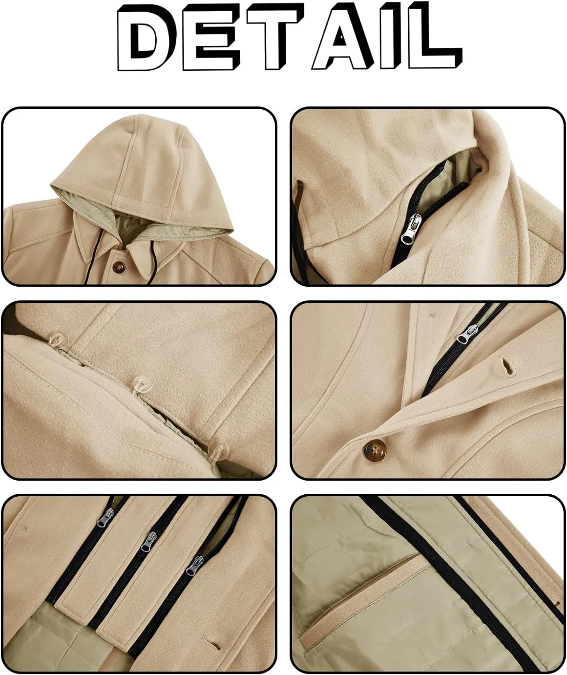PASLTER Mens Trench Coat Wool Blend Single Breasted Pea Coat Casual Slim Fit Jacket Warm Overcoat with Detachable Hooded