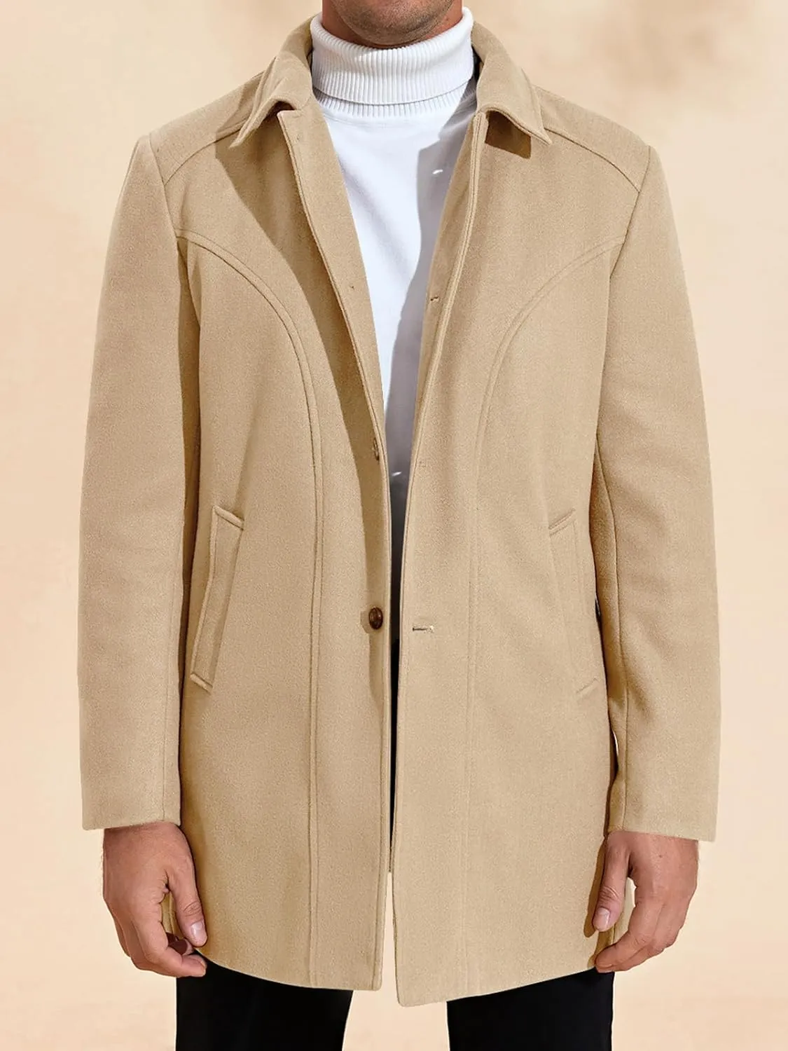 PASLTER Mens Trench Coat Wool Blend Single Breasted Pea Coat Casual Slim Fit Jacket Warm Overcoat with Detachable Hooded