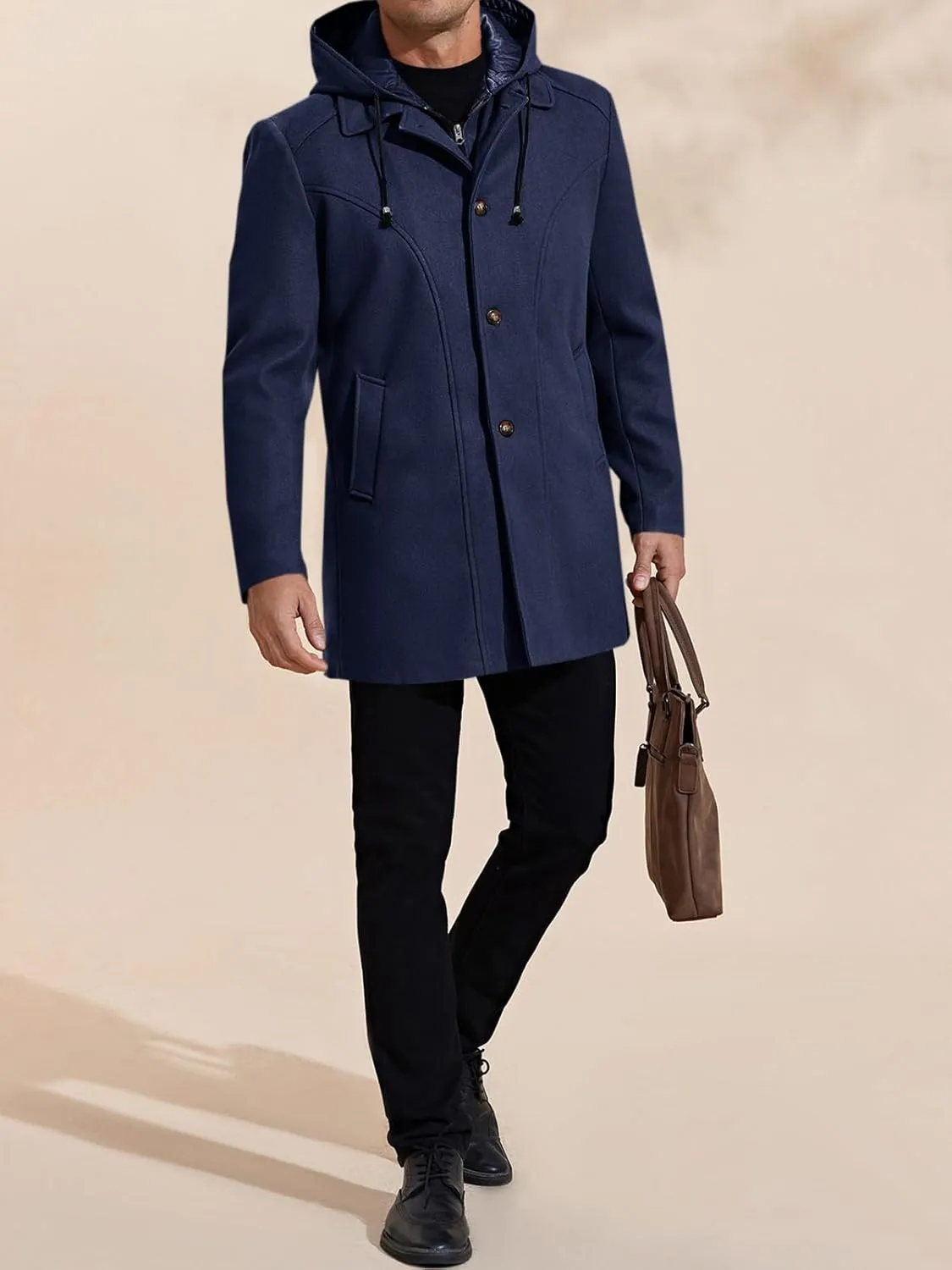 PASLTER Mens Trench Coat Wool Blend Single Breasted Pea Coat Casual Slim Fit Jacket Warm Overcoat with Detachable Hooded