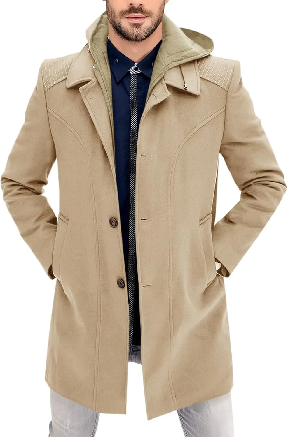 PASLTER Mens Trench Coat Wool Blend Single Breasted Pea Coat Casual Slim Fit Jacket Warm Overcoat with Detachable Hooded