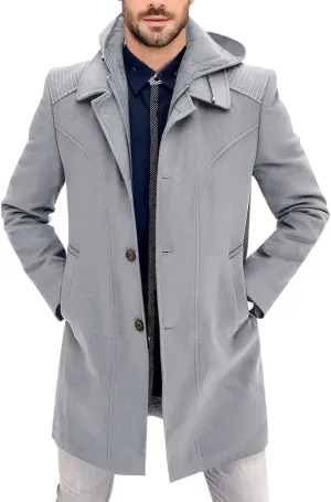 PASLTER Mens Trench Coat Wool Blend Single Breasted Pea Coat Casual Slim Fit Jacket Warm Overcoat with Detachable Hooded