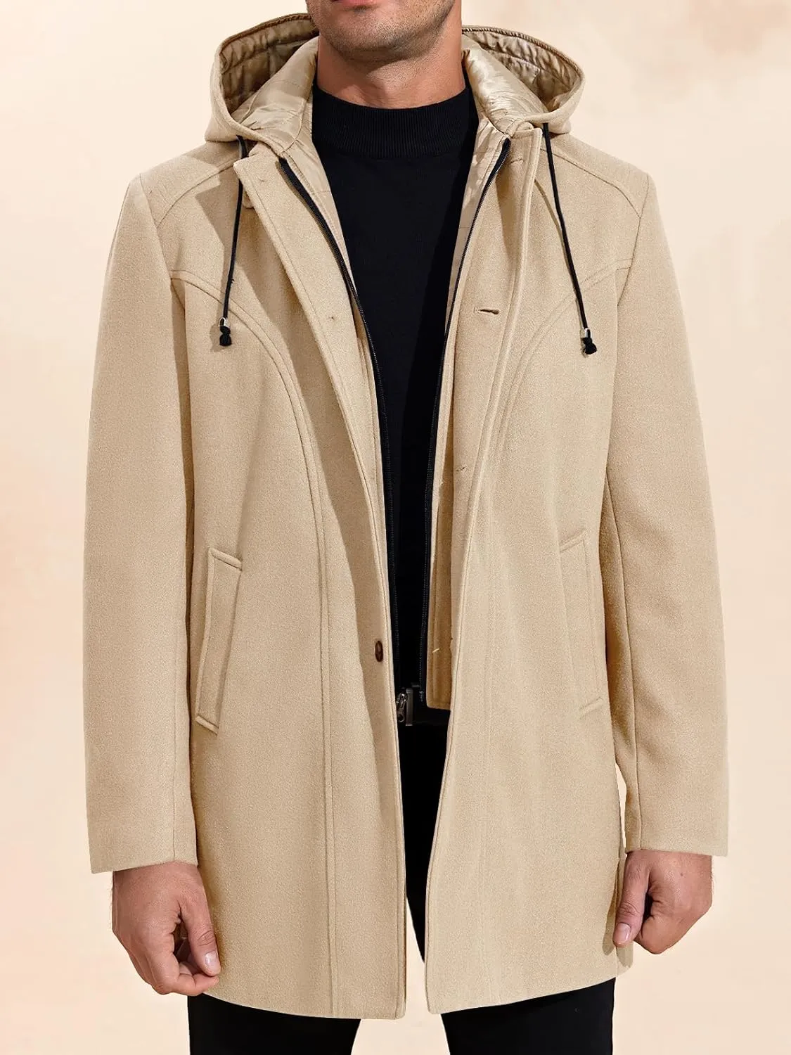 PASLTER Mens Trench Coat Wool Blend Single Breasted Pea Coat Casual Slim Fit Jacket Warm Overcoat with Detachable Hooded