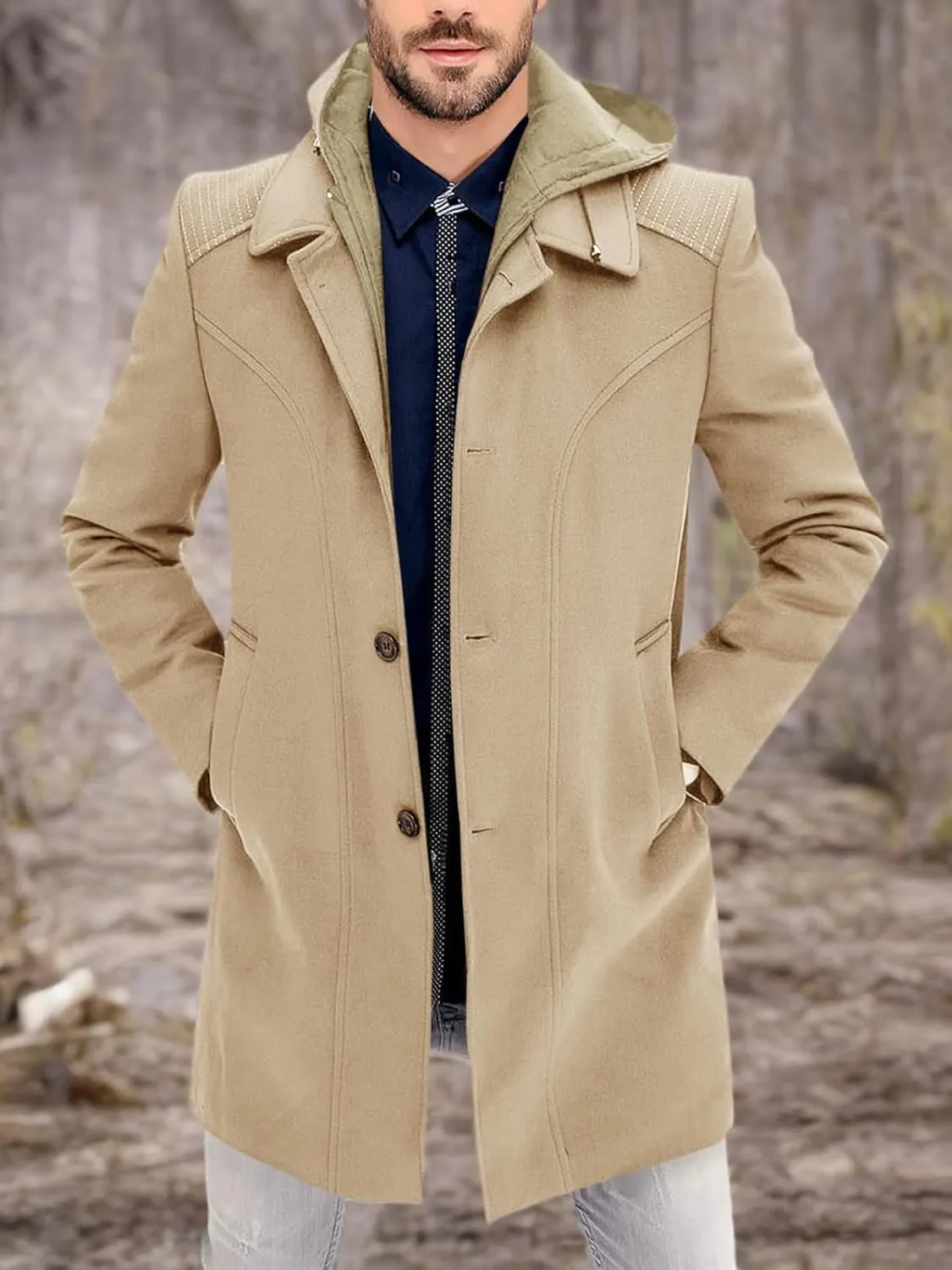PASLTER Mens Trench Coat Wool Blend Single Breasted Pea Coat Casual Slim Fit Jacket Warm Overcoat with Detachable Hooded