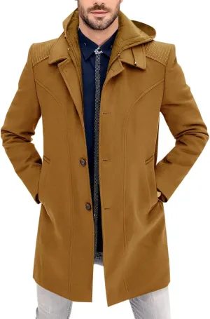 PASLTER Mens Trench Coat Wool Blend Single Breasted Pea Coat Casual Slim Fit Jacket Warm Overcoat with Detachable Hooded
