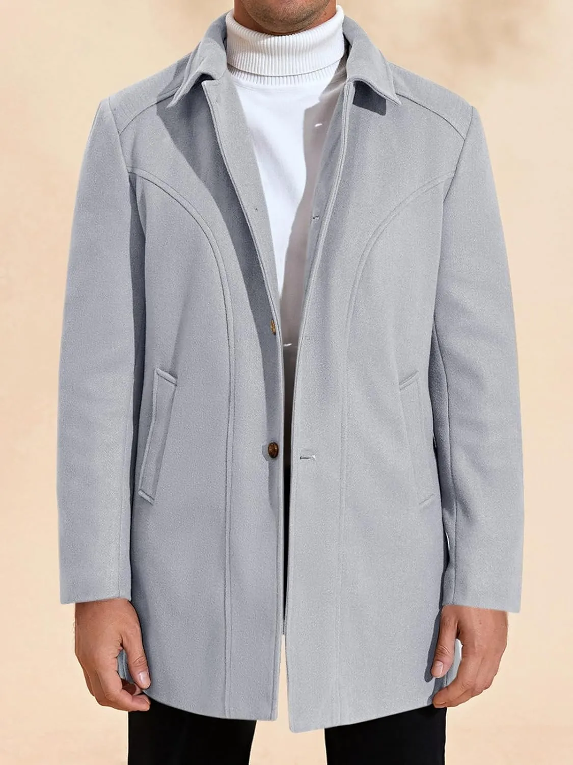 PASLTER Mens Trench Coat Wool Blend Single Breasted Pea Coat Casual Slim Fit Jacket Warm Overcoat with Detachable Hooded