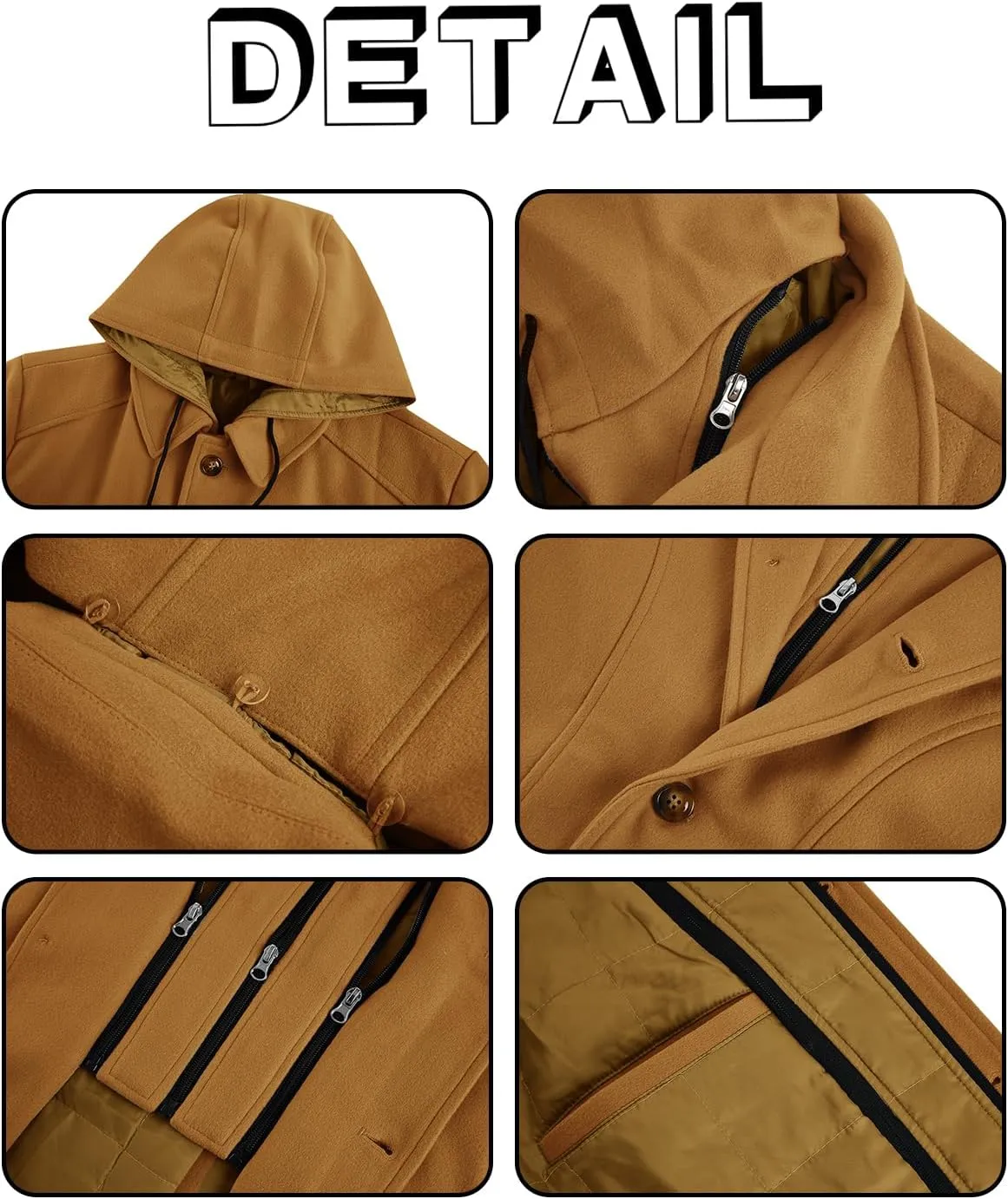 PASLTER Mens Trench Coat Wool Blend Single Breasted Pea Coat Casual Slim Fit Jacket Warm Overcoat with Detachable Hooded