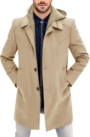 PASLTER Mens Trench Coat Wool Blend Single Breasted Pea Coat Casual Slim Fit Jacket Warm Overcoat with Detachable Hooded
