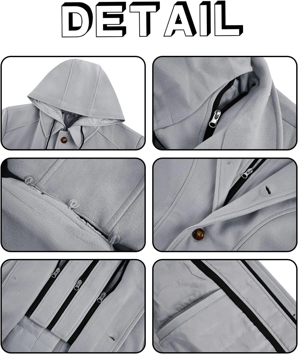 PASLTER Mens Trench Coat Wool Blend Single Breasted Pea Coat Casual Slim Fit Jacket Warm Overcoat with Detachable Hooded